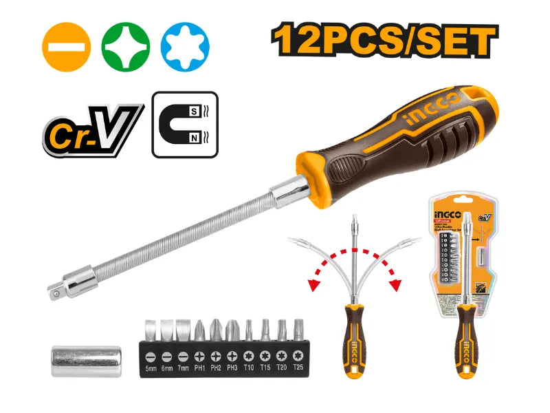 Screwdriver Set 12 Pcs Flexible Shaft Ingco in Pakistan