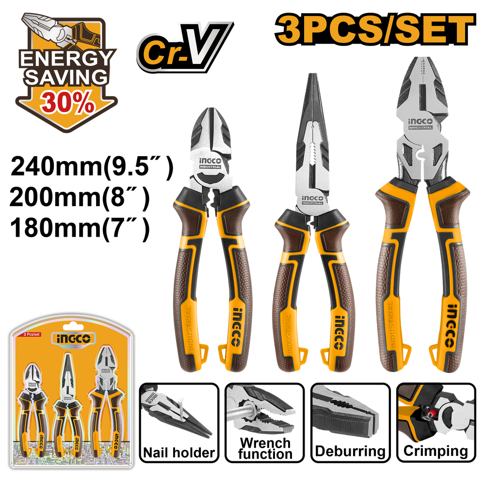 3 Pcs Plier Set Cr V Heavy Duty Combination Long Nose Diagonal Ingco in Pakistan