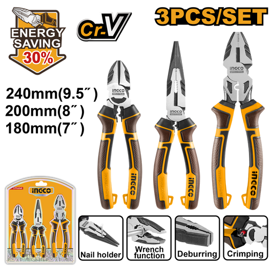 3 Pcs Plier Set Cr V Heavy Duty Combination Long Nose Diagonal Ingco in Pakistan