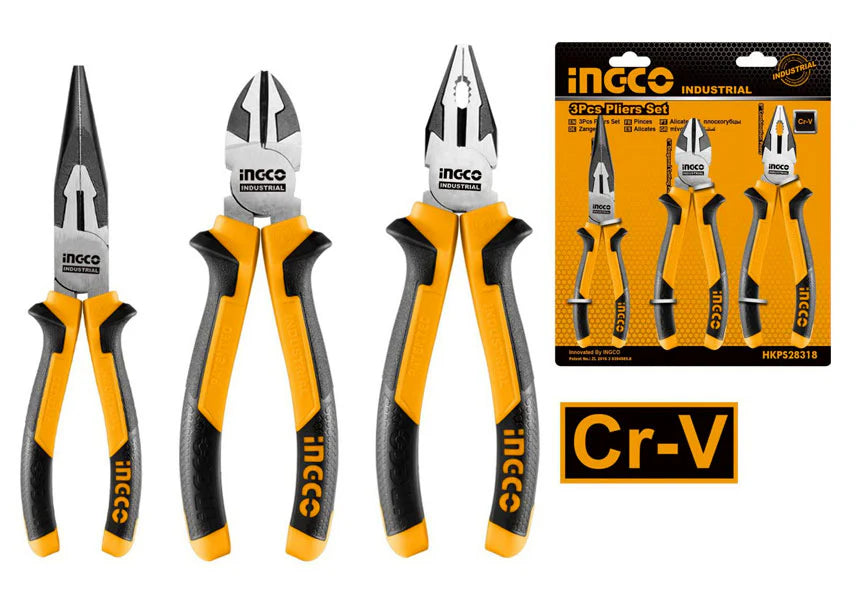 3 Pcs Plier Set Cr-V Heavy Duty Combination Long Nose Diagonal Ingco in Pakistan