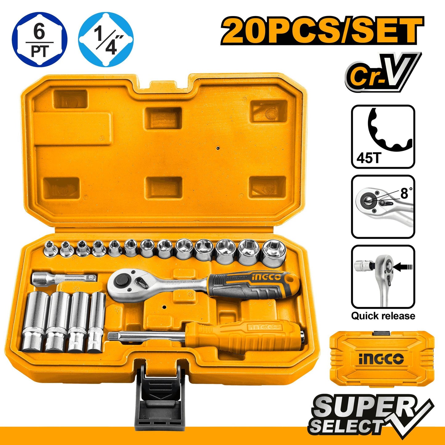 Socket  20 Pcs Set CRV Quick Release Ingco in Pakistan