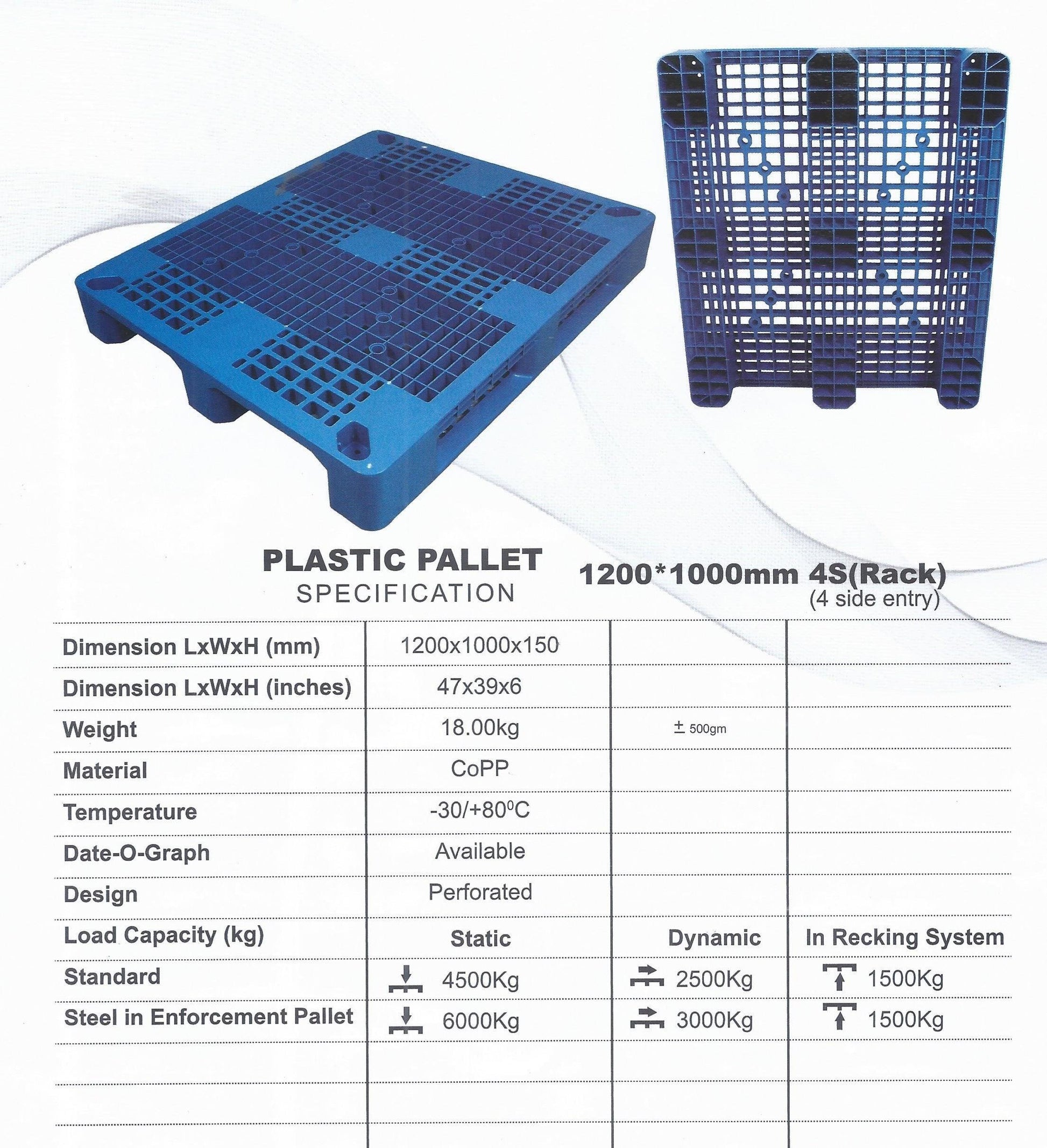 Plastic Pallet Perforated Heavy Duty 4 Side Rack Entry Standard 4500 kg in Pakistan